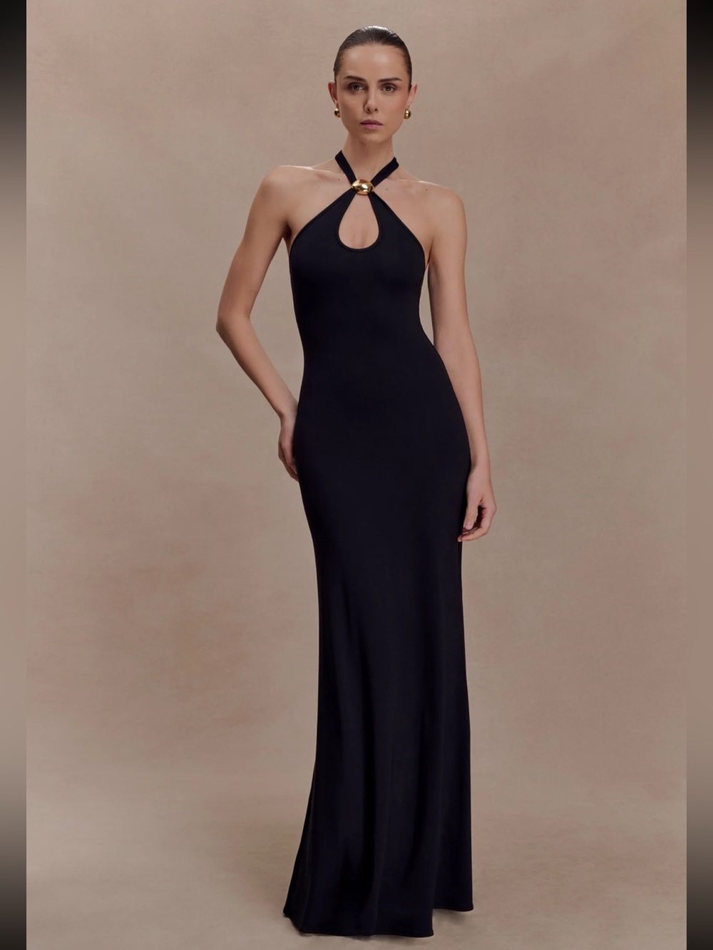 Meshki Black Halter Maxi Dress with Gold Ring